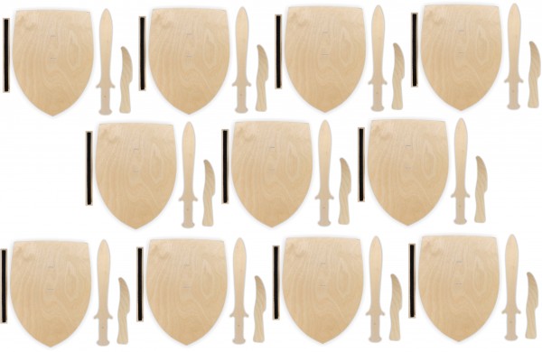 10x Ritterschild, Dolch und Messer als Set aus 3mm Birkensperrholz mit Halteschlaufe aus Klettband